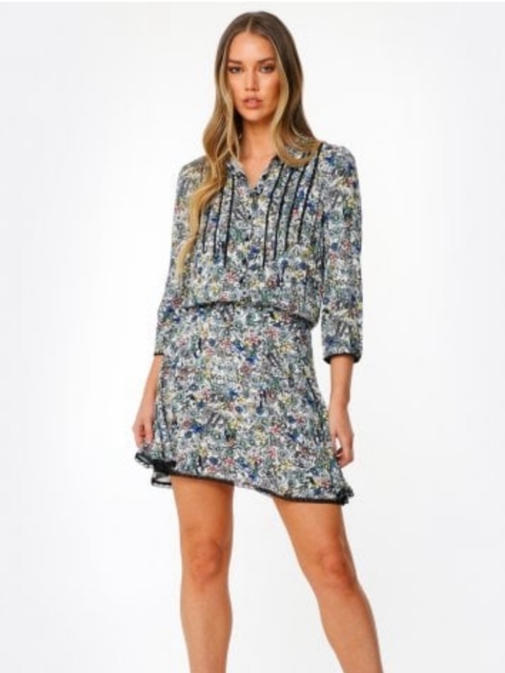 Zadig & Voltaire Raspail Crinkle Floral Whimsy Print Mini Dress in Blue Sz M